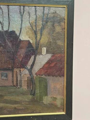 Swedish Oil on Canvas "Village House" by Unknown Artist Vintage & Framed 35x45cm