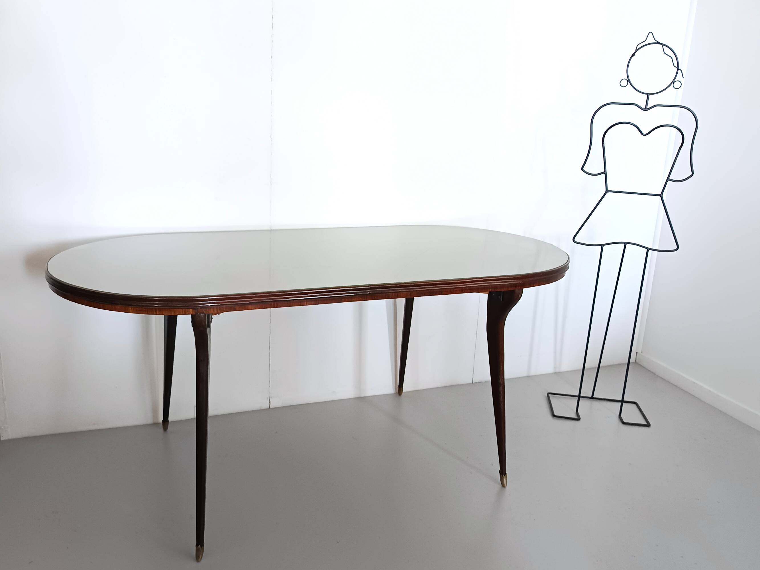 Vintage Beech and Walnut Dining Table with an Oval Gray Glass Top, Italy
