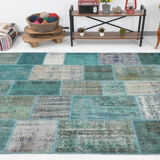 7x10 Green Vintage Patchwork Rug 300x210Cm