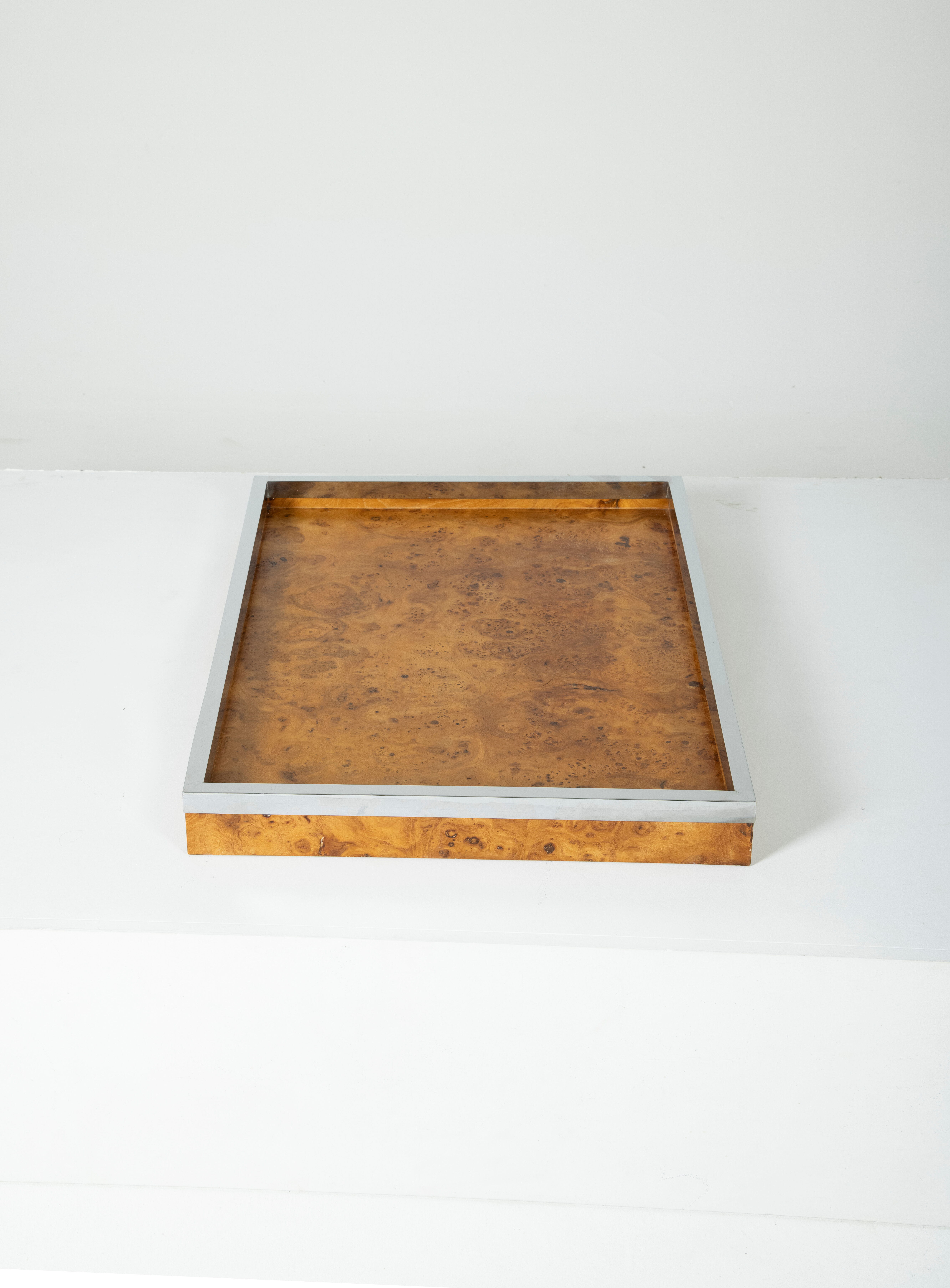 Elm and chrome magnifying glass tray, 1970s