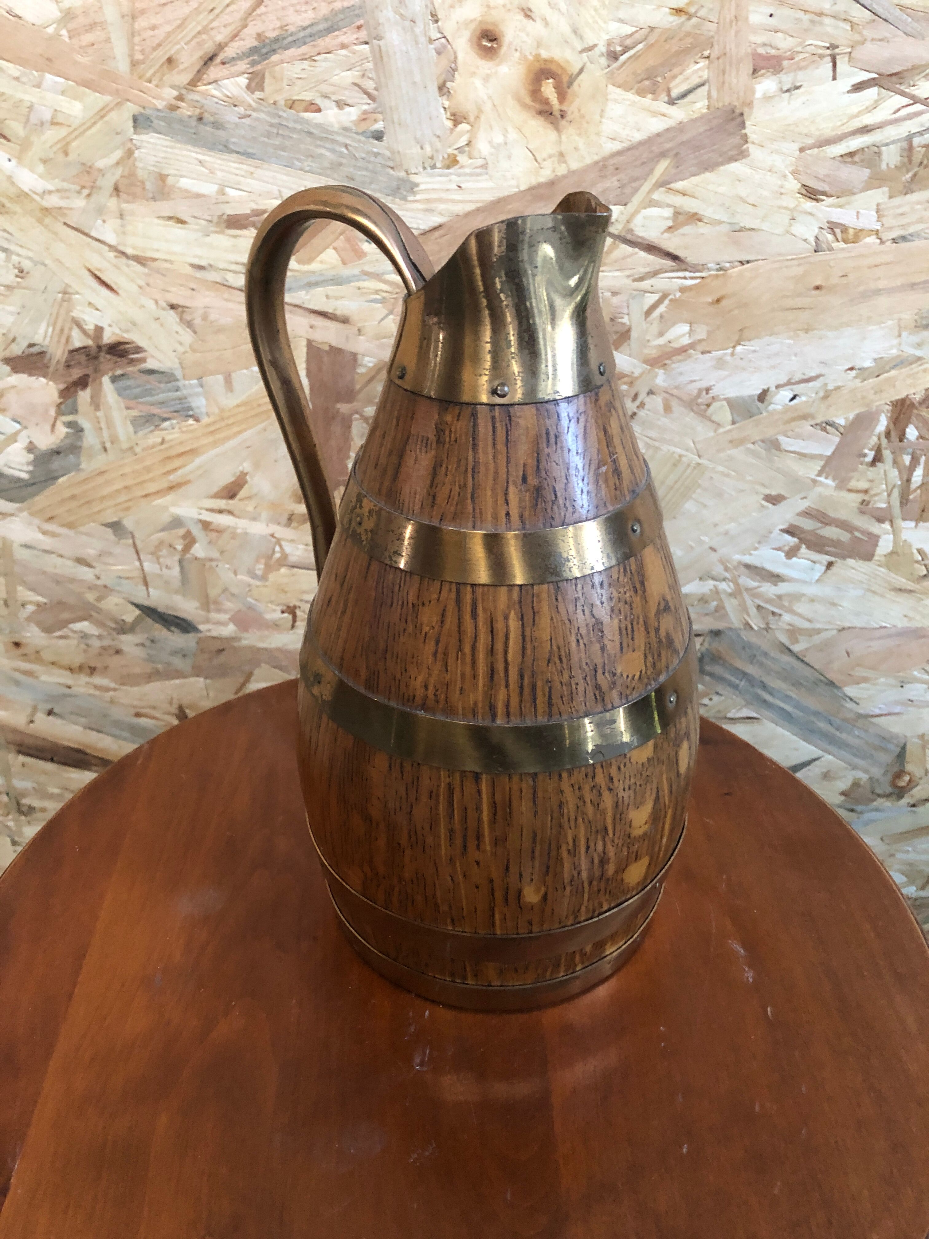 Old pitcher wood + strapping gold metal tableware style xixth vintage
