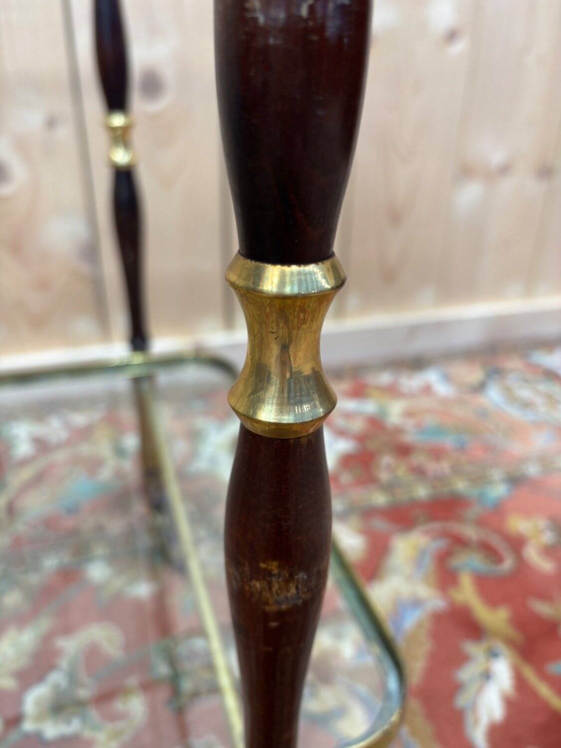 Glass, brass, and wood side table from the 1950s/60s.