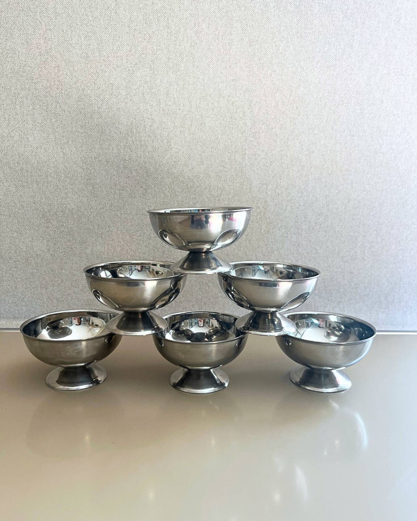 6 vintage stainless steel dessert bowls, 1960s