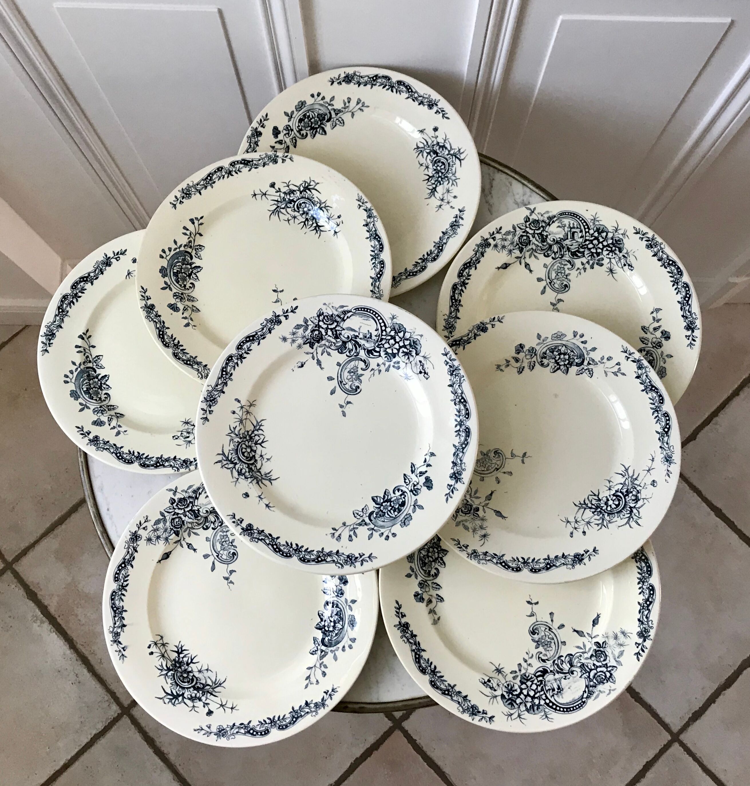 Set of 8 flat plates Terre de Fer Salins model "Rocailles" late nineteenth