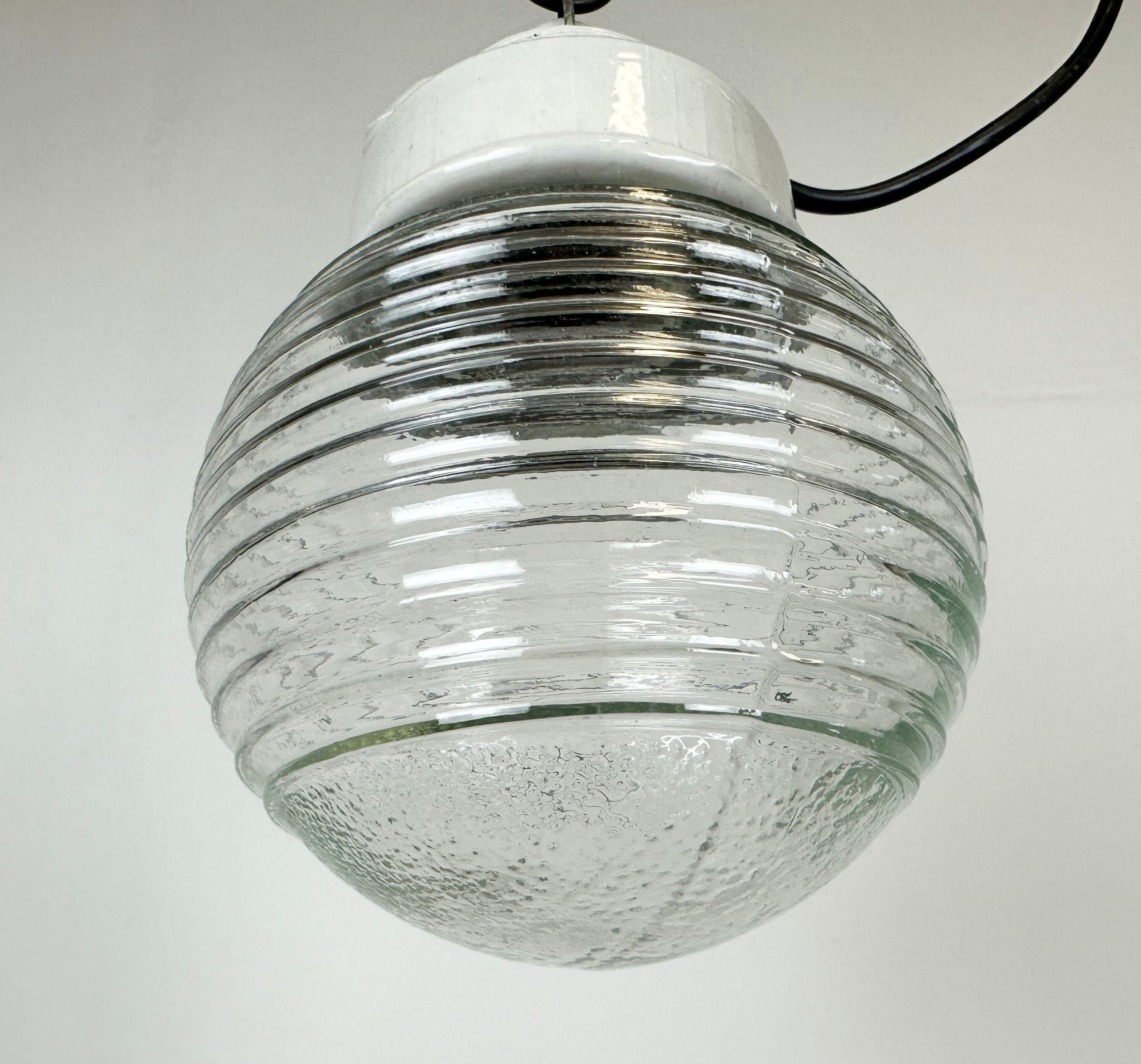 Vintage White Porcelain Pendant Light with Ribbed Glass, 1970s