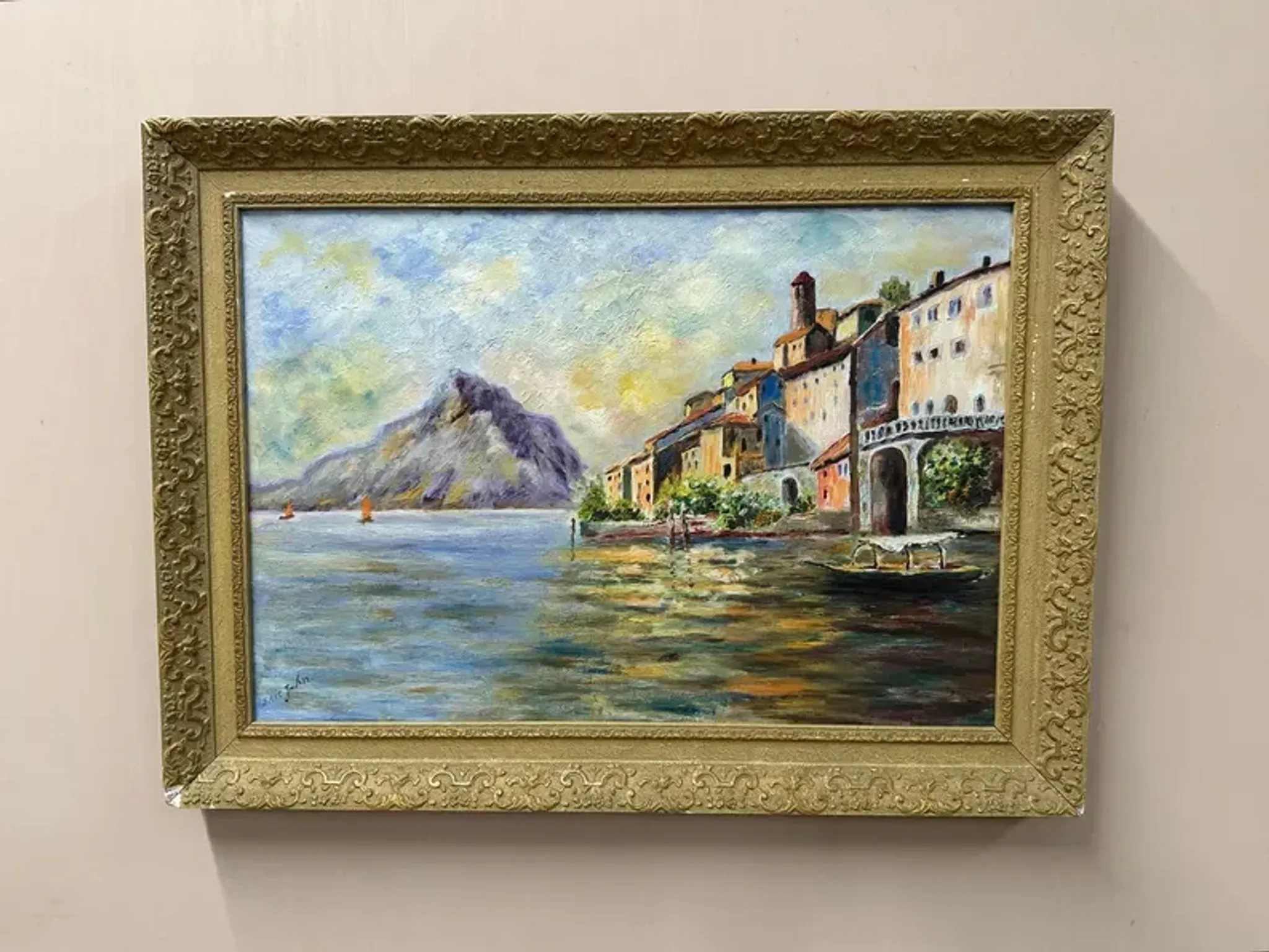 Original Swedish Oil on Canvas – “City and the Lake” by Eric Johan – Vintage & Framed