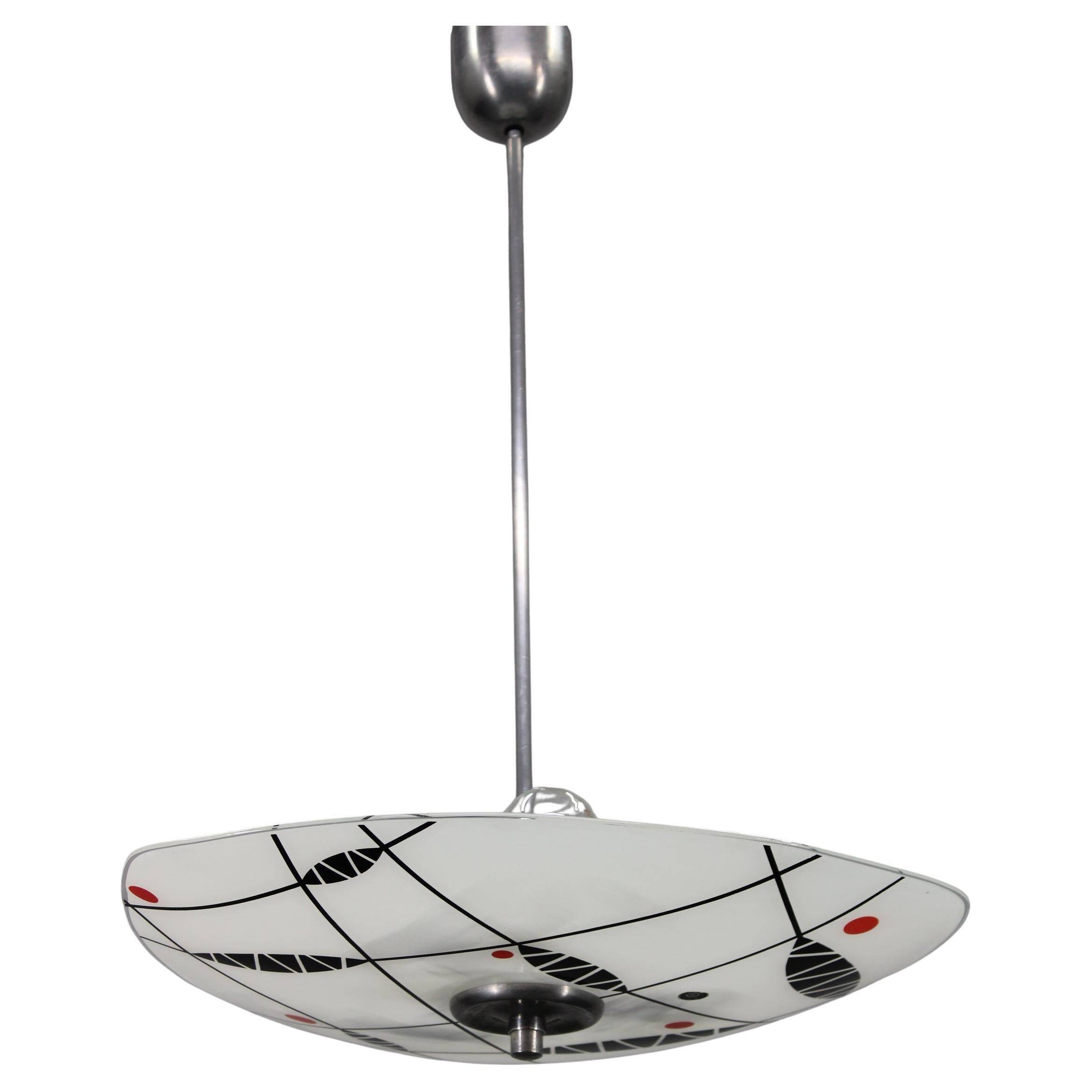 Mid-century pendant chandelier, chromed metal and glass, Czechoslovakia 1970s