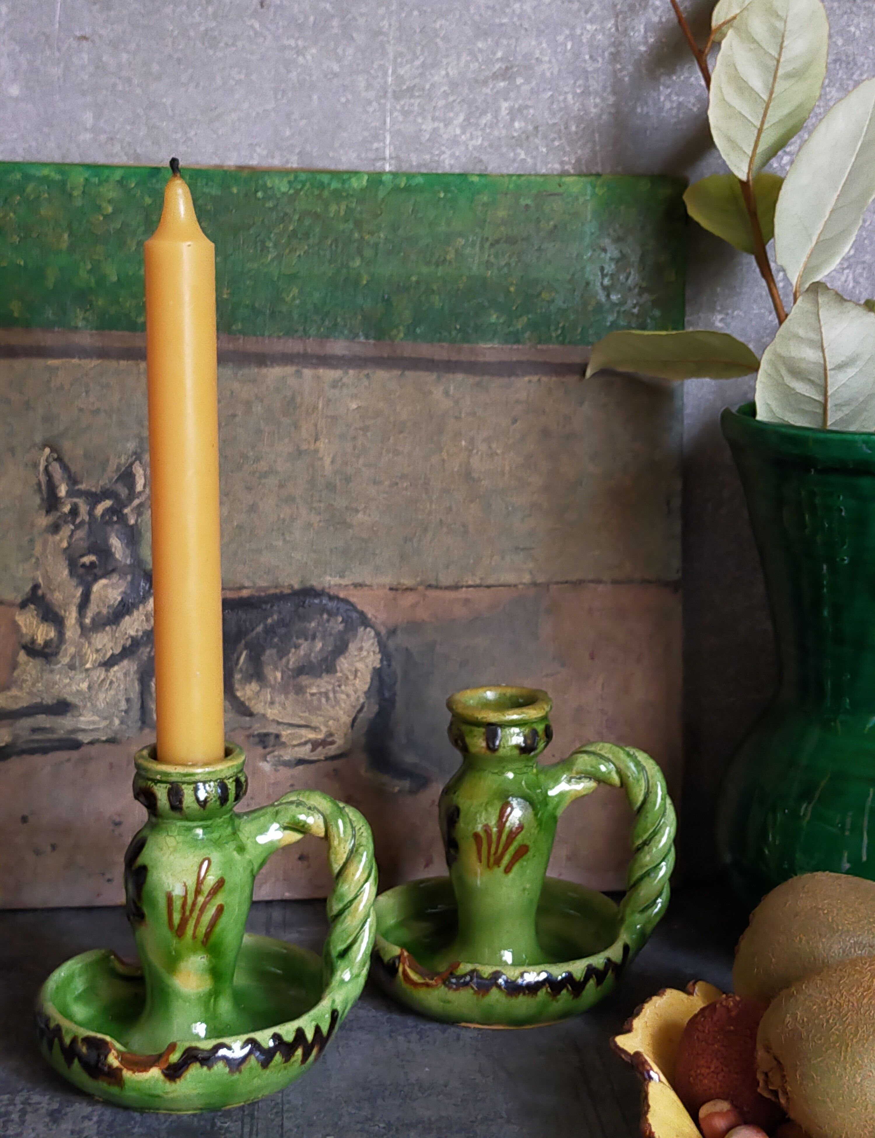 Duo of vintage potter's ceramic candle holders Regional Folk Art