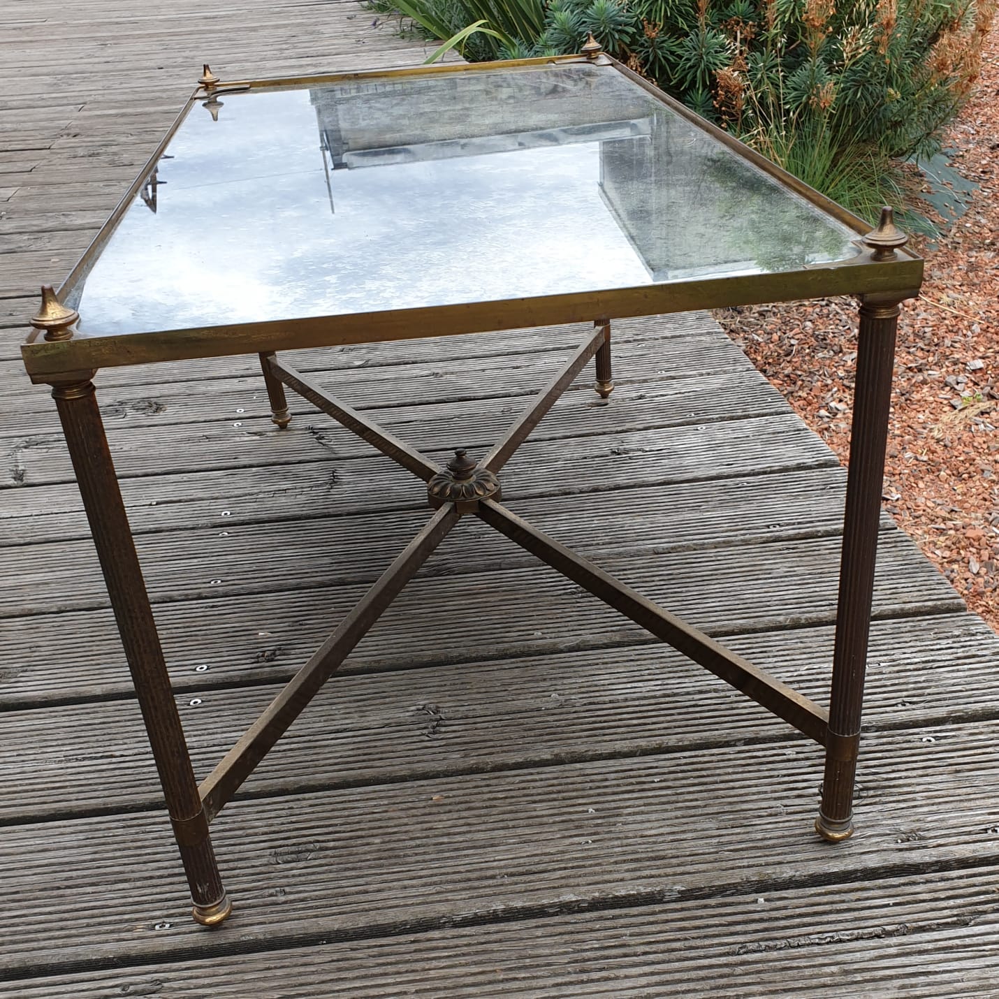 Bronze coffee table and brass oxidized mirror tray