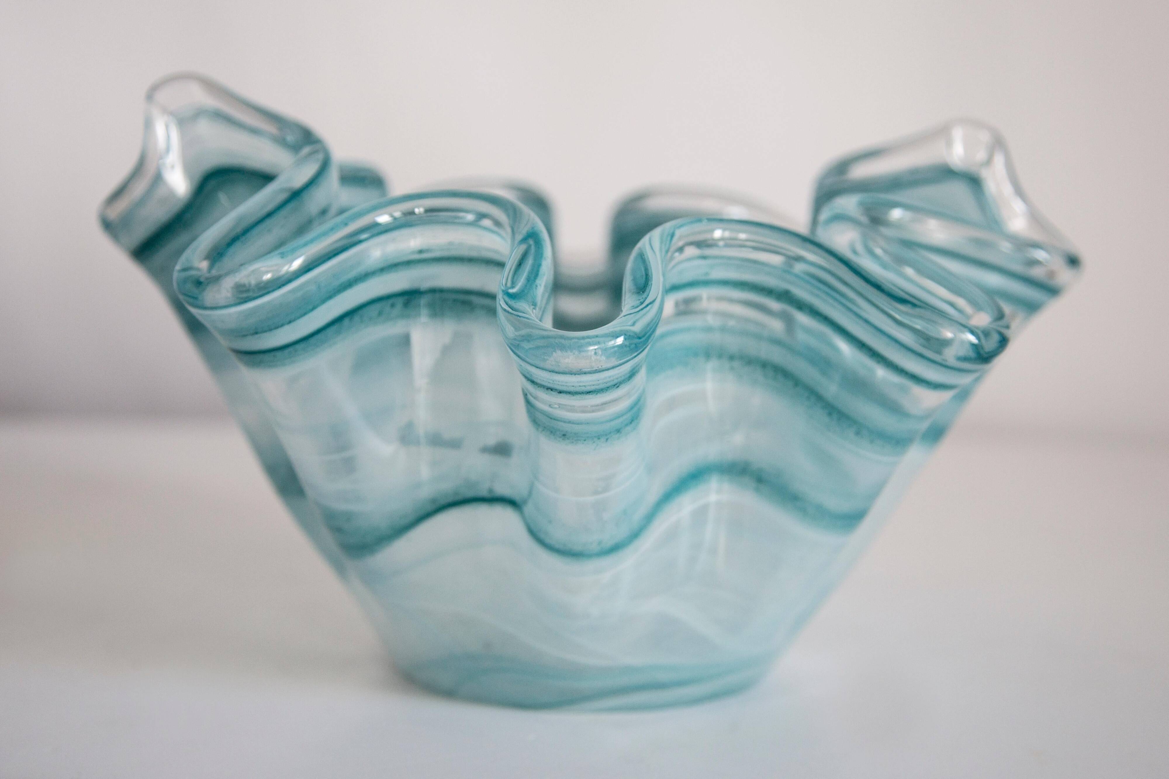 Large blue aqua green bowl in Murano glass, mid-century style, Italy, 2000s.