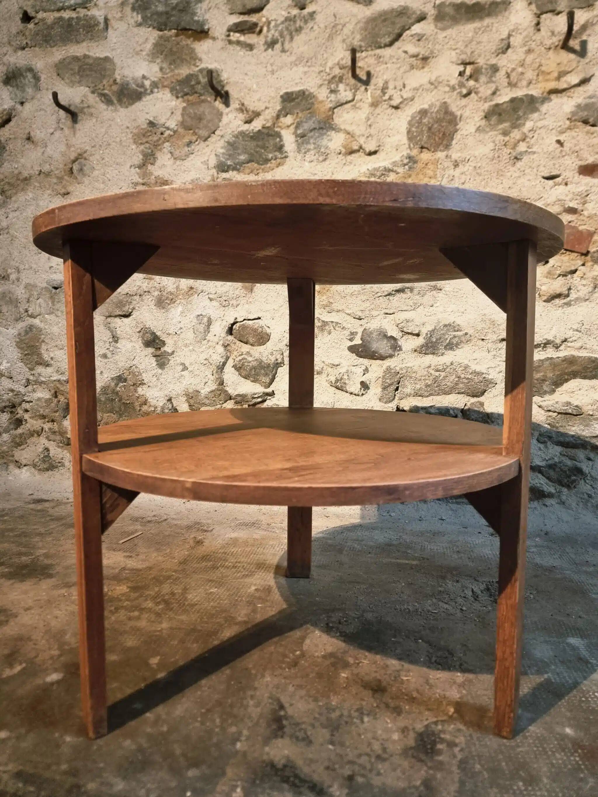 Vintage solid oak coffee table | 1930s round side table with shelf