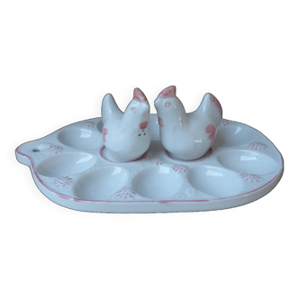 Ancien Plat Présentoir à Oeufs en Céramique Blanche et Rose Vintage