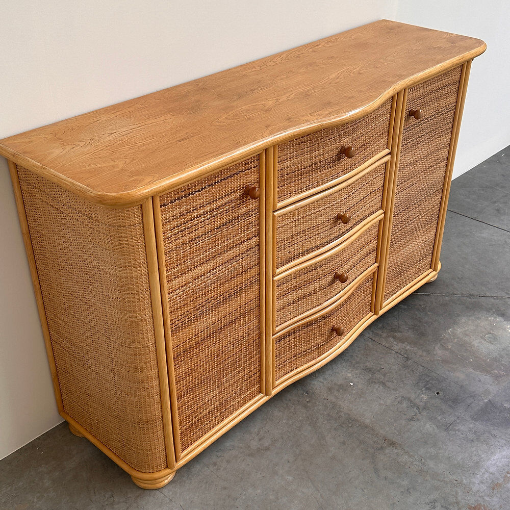 Vintage curved rattan sideboard, coastal credenza, wicker cabinet, boho buffet