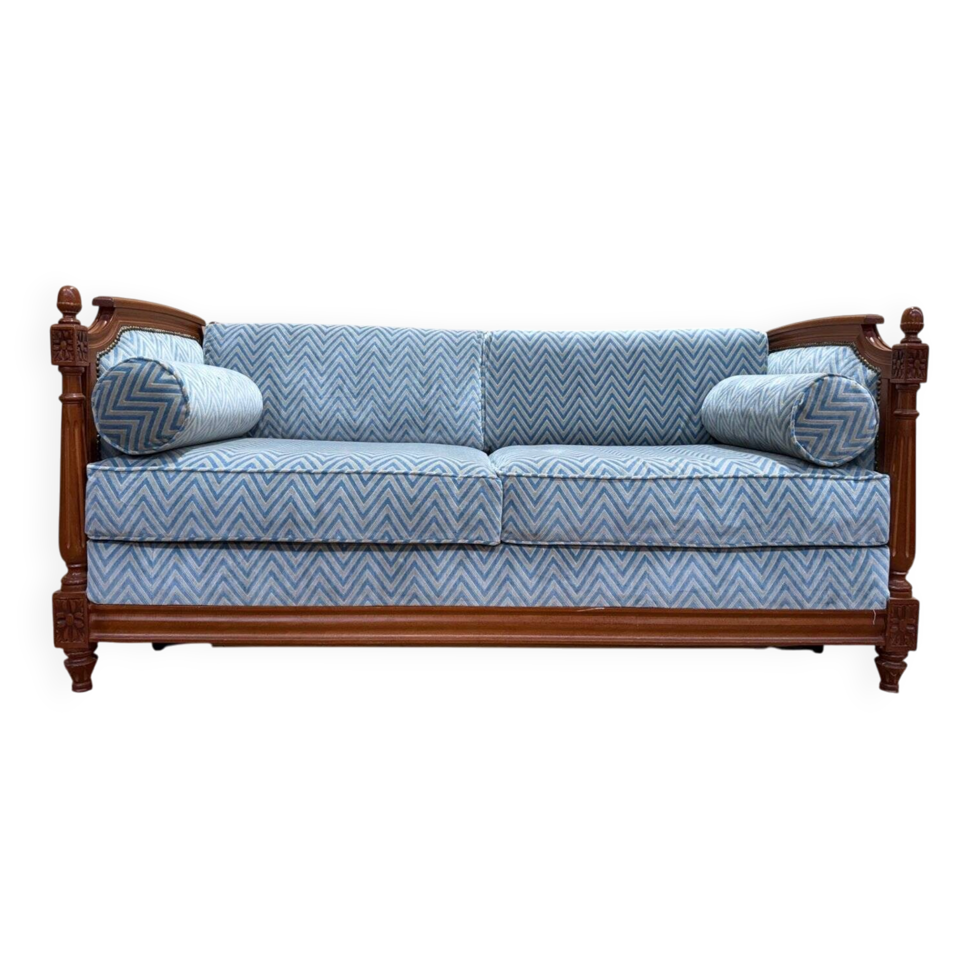 Louis XVI style sofa bed – Mahogany-stained beech & blue velvet