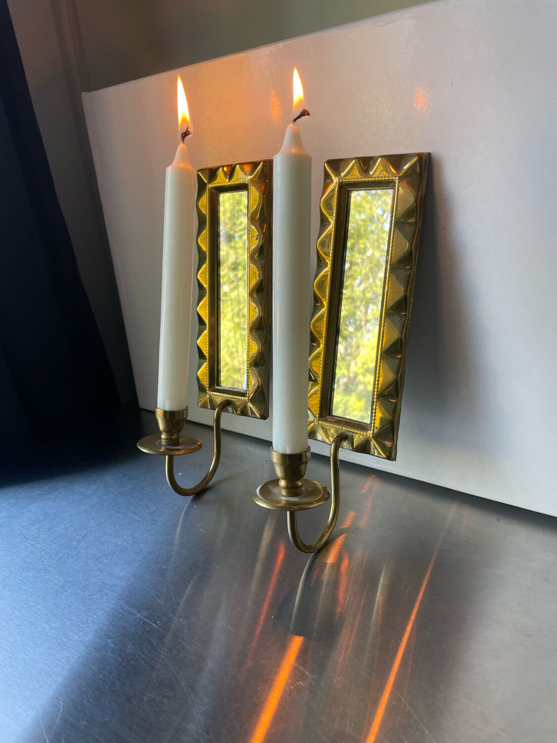 Pair of art deco vintage brass wall candle holders sconces