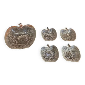 Salad bowl + 4 vintage moulded glass bowls in apple shape #D457