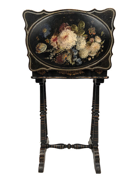 Small table with Napoleon III work, wood and boiled cardboard decorated with flowers painted with flowers