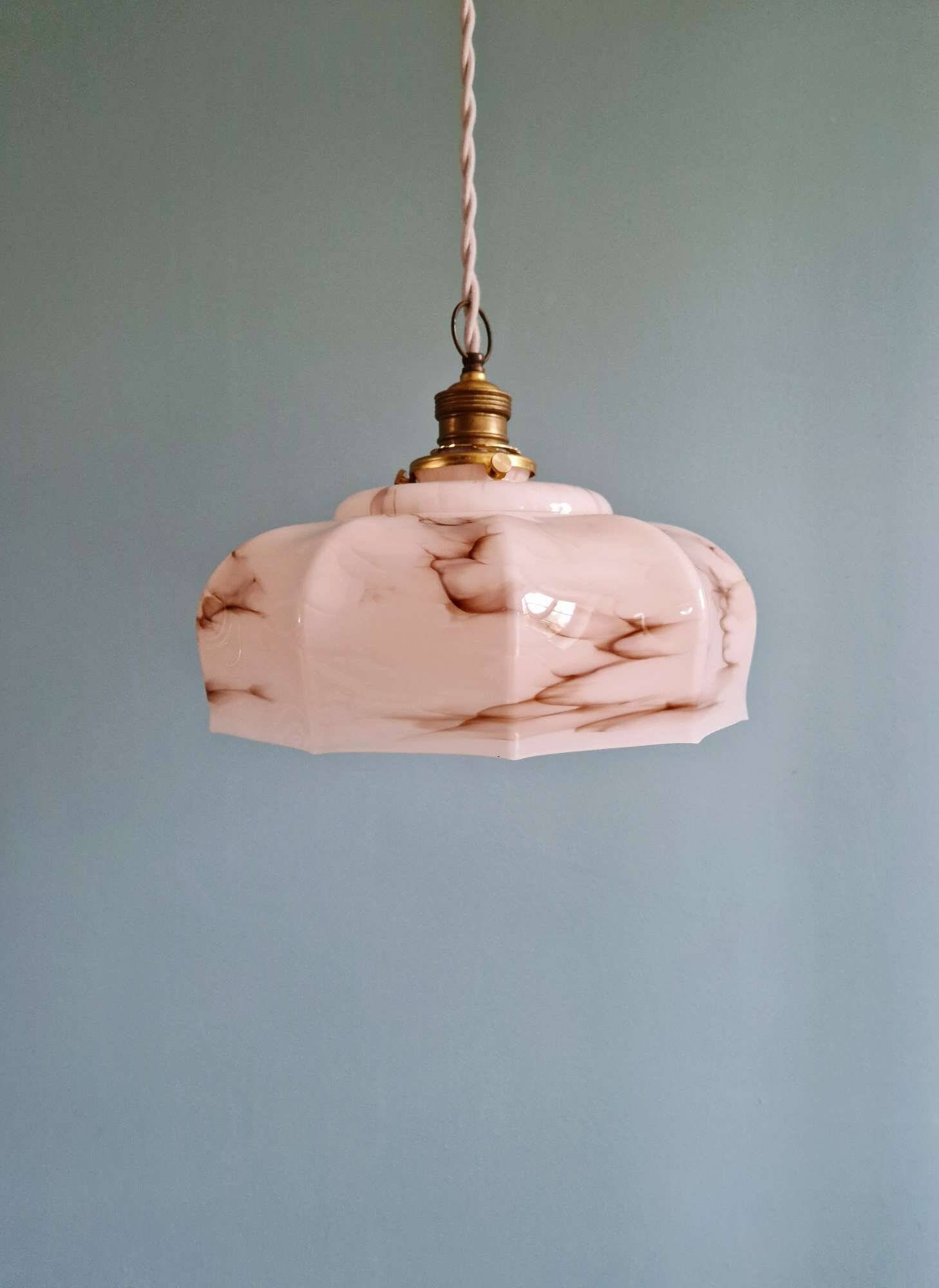 Art Deco pendant light in pink marbled opaline, Scailmont, 1920-30