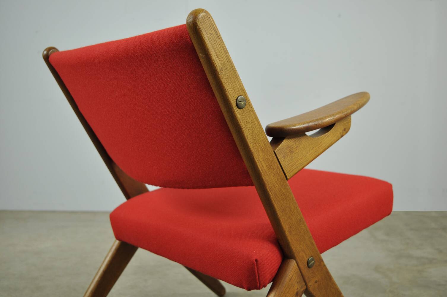 Classic Danish vintage scissor armchair by Arne Hovmand Olsen in OAK, 1960s