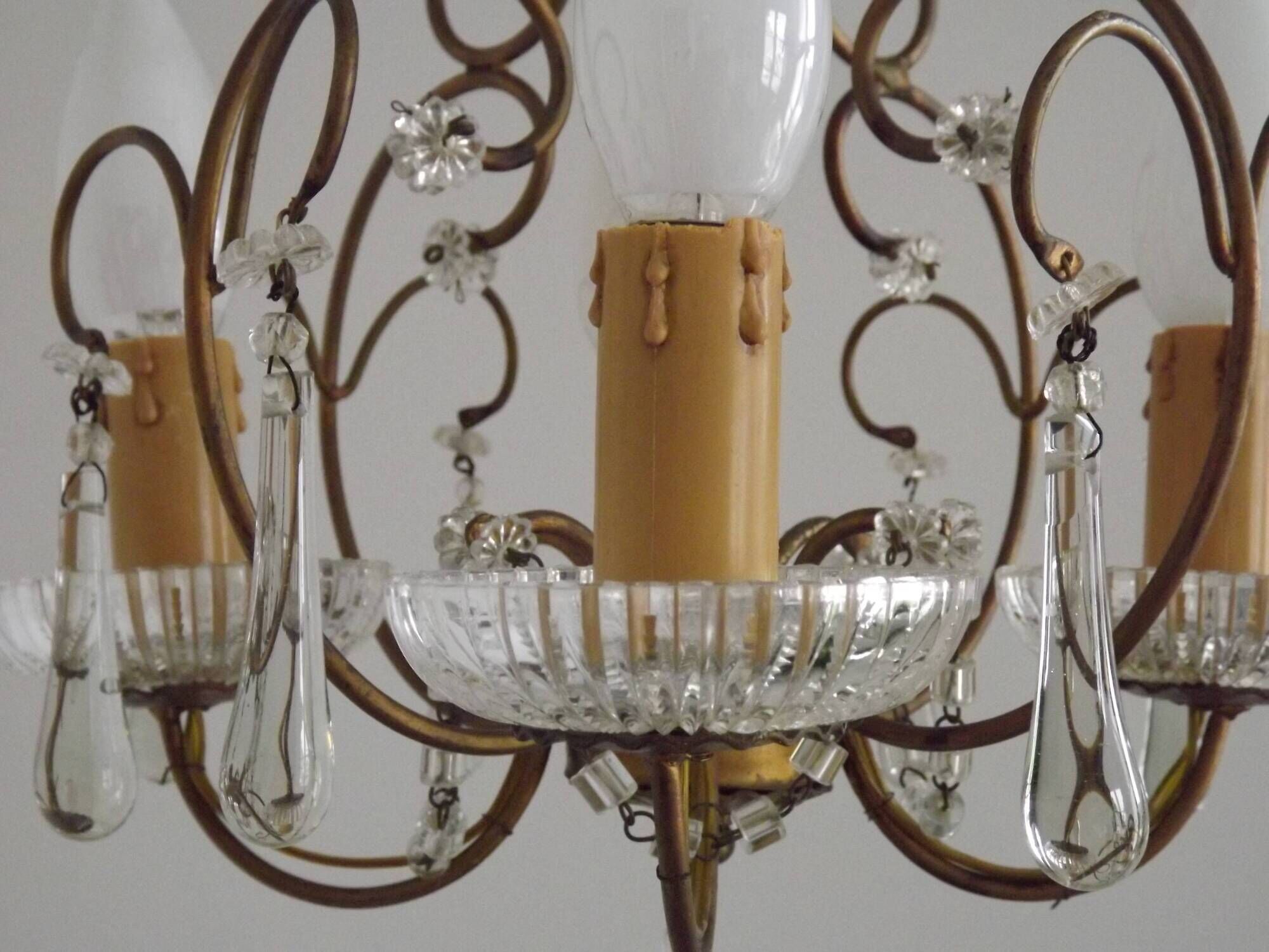 Vintage French 4 Arm Gilded Metal Cage Chandelier Beads Clear Murano Drops