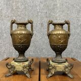 Pair of Napoleon III period vases or cassolettes in spelter with gilded patina