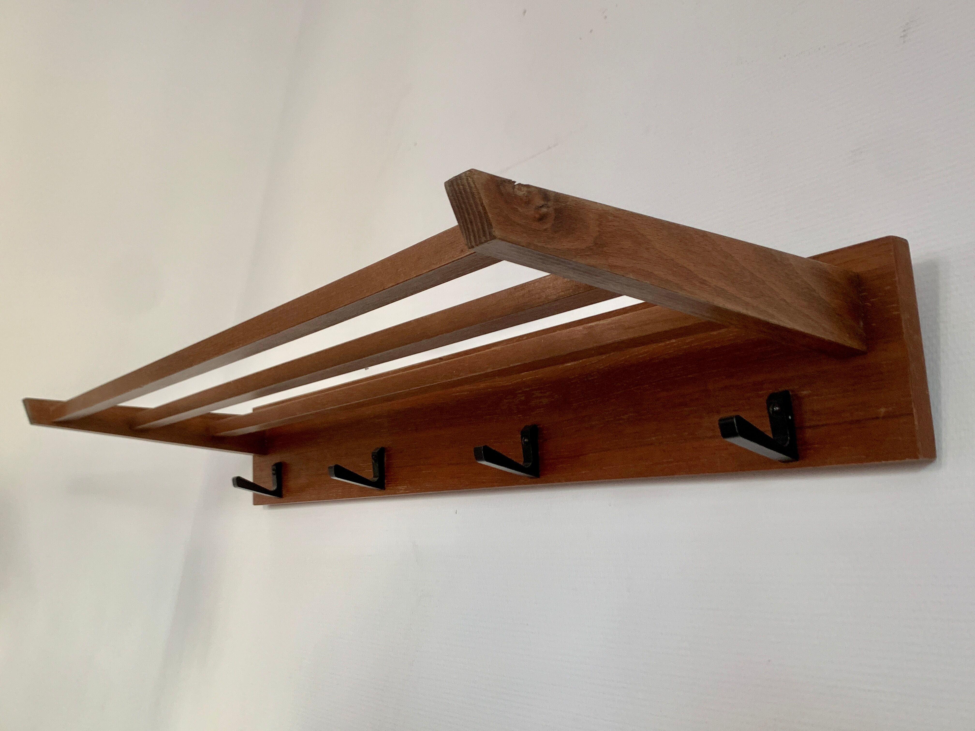 Vintage Scandinavian teak wall coat rack 1960's