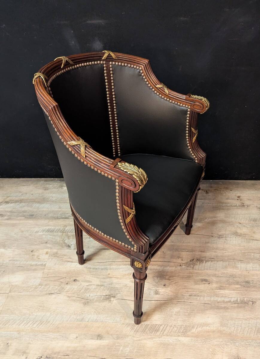 Louis XVI style office chair in mahogany and gilded bronze