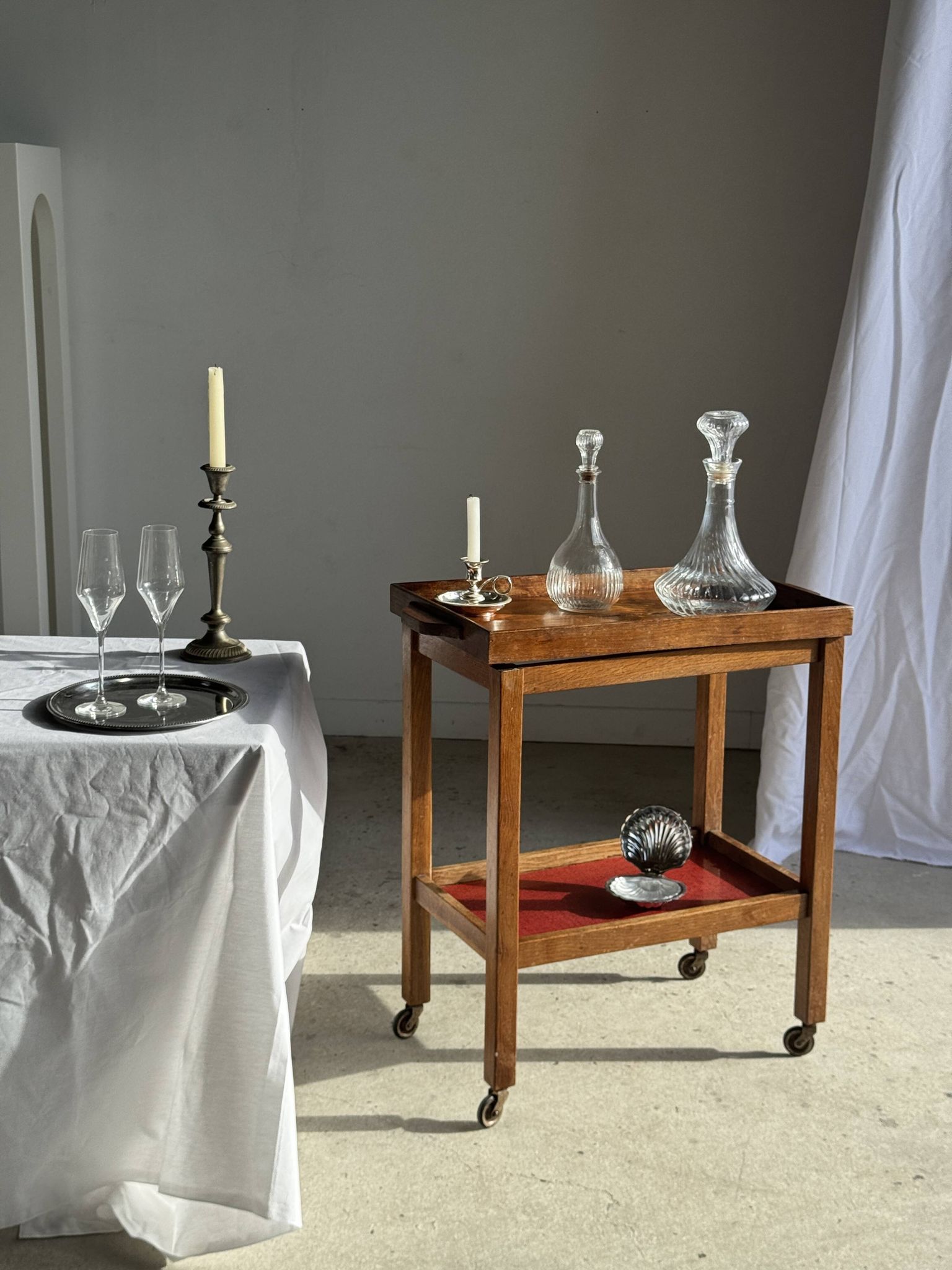 Wooden rolling trolley with removable top H66 75x35