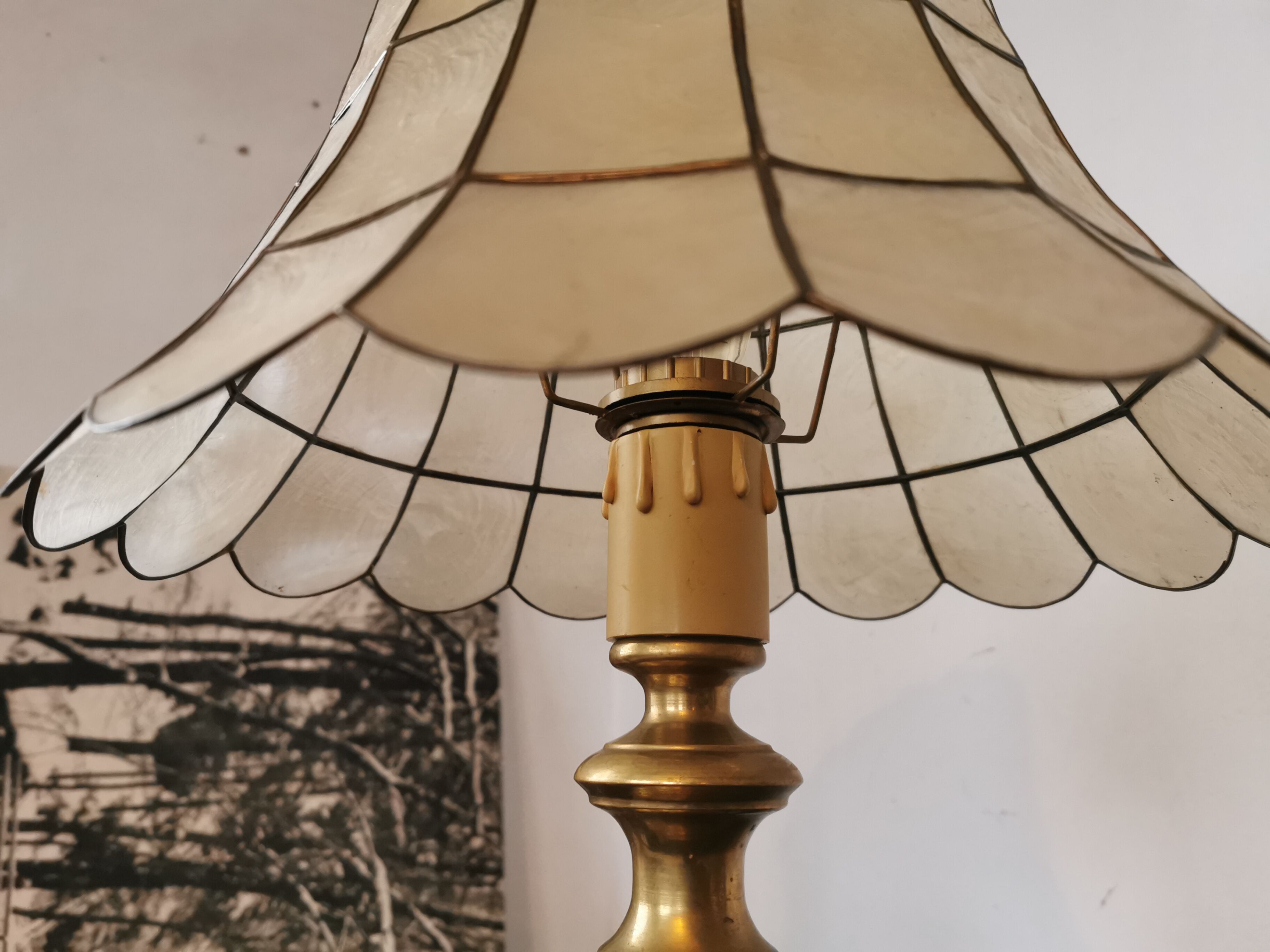 Brass lamp and mother-of-pearl lampshade circa 1970/80