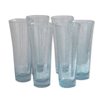 Six verres Biot à orangeade en verre bullé bleu