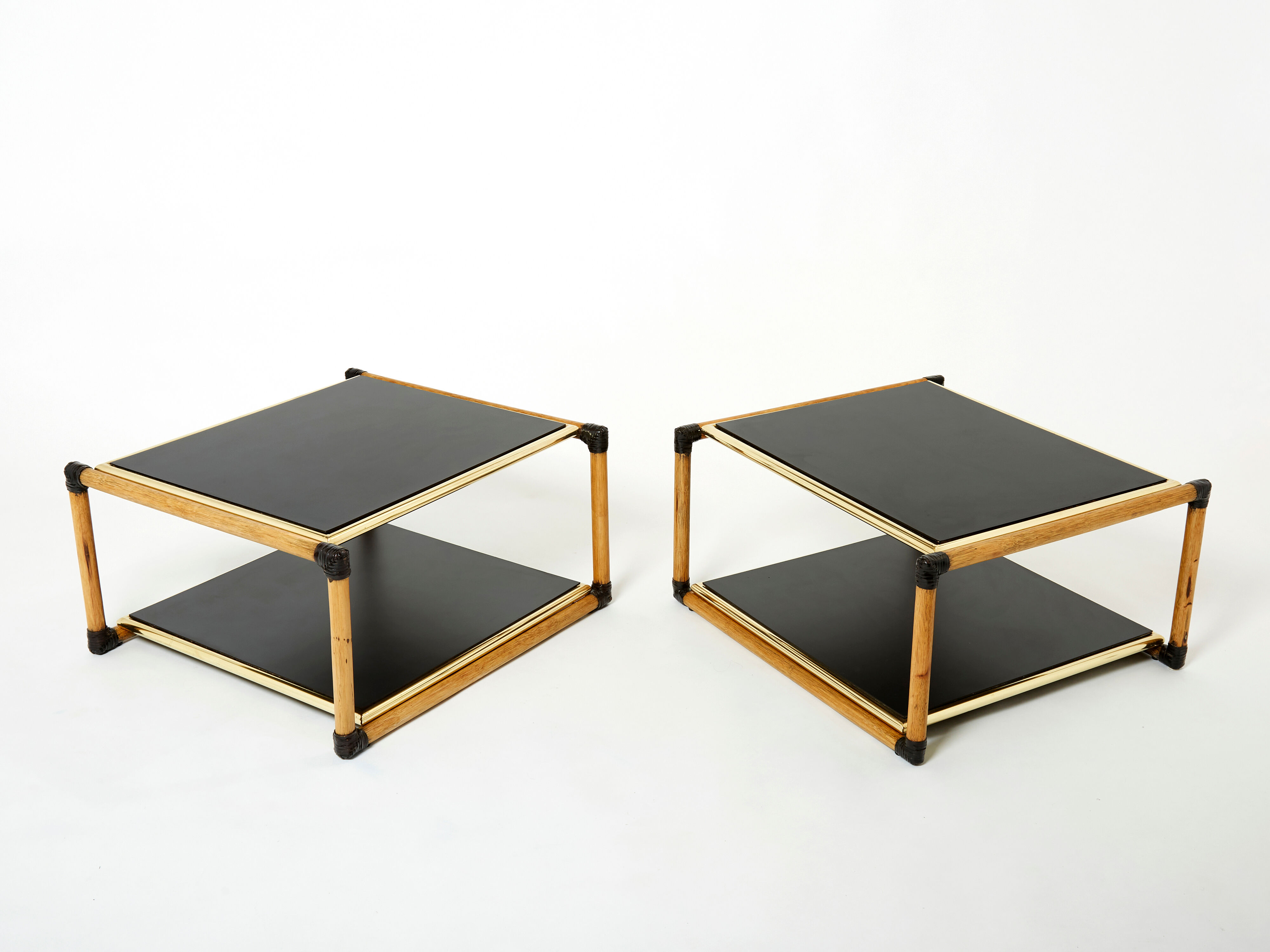 Pair of Italian coffee tables Alberto Smania bamboo brass 1970
