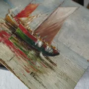 Fishing boats on calm sea. oil painting signed p. volotchenko.