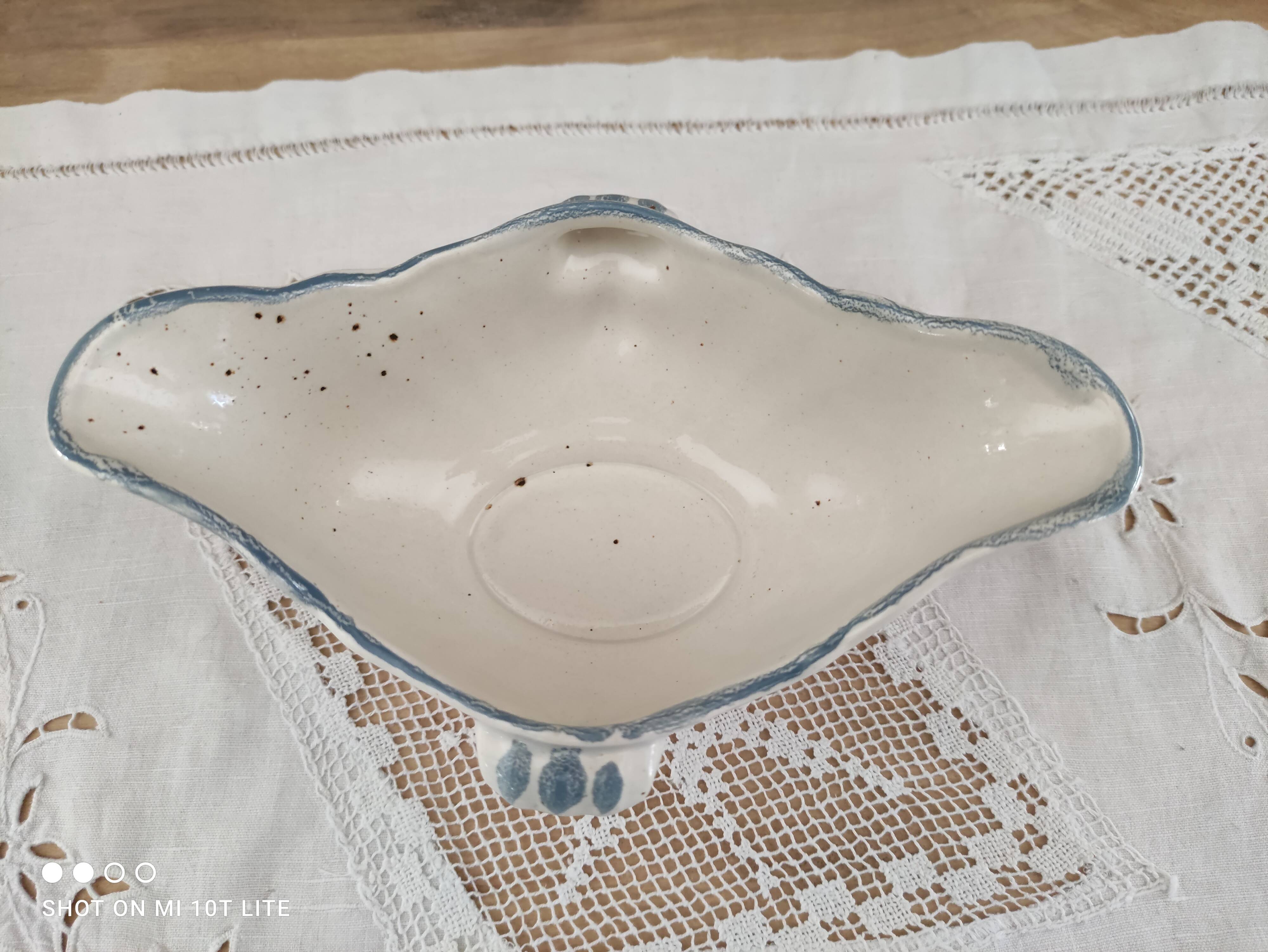 Saucière Salins France in speckled earthenware light blue foral decoration