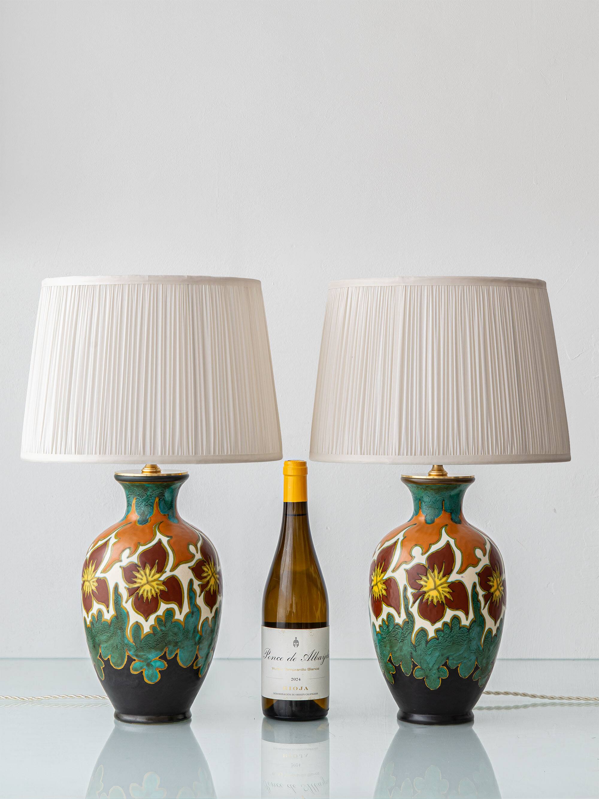 Gouda Pottery Table Lamps, Pair, Dutch Art Deco Floral, New Silk Shades