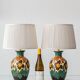 Gouda Pottery Table Lamps, Pair, Dutch Art Deco Floral, New Silk Shades