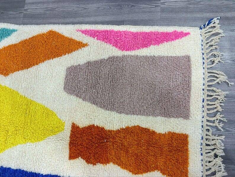 Blessed Moroccan Ourain rug, handwoven with colourful patterns, 150/250 cm.