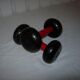 Red wooden and cast-iron dumbbells
