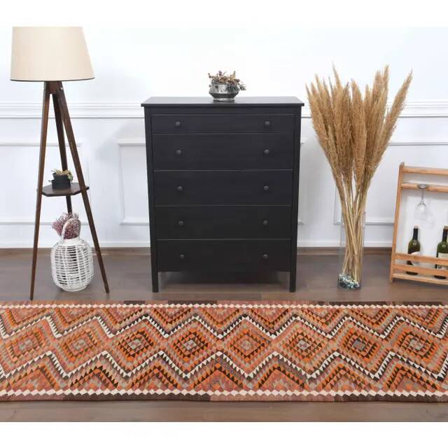 1970s Vintage Turkish Hand-Knotted Wool Cotton Orange Runner Rug 96x346
