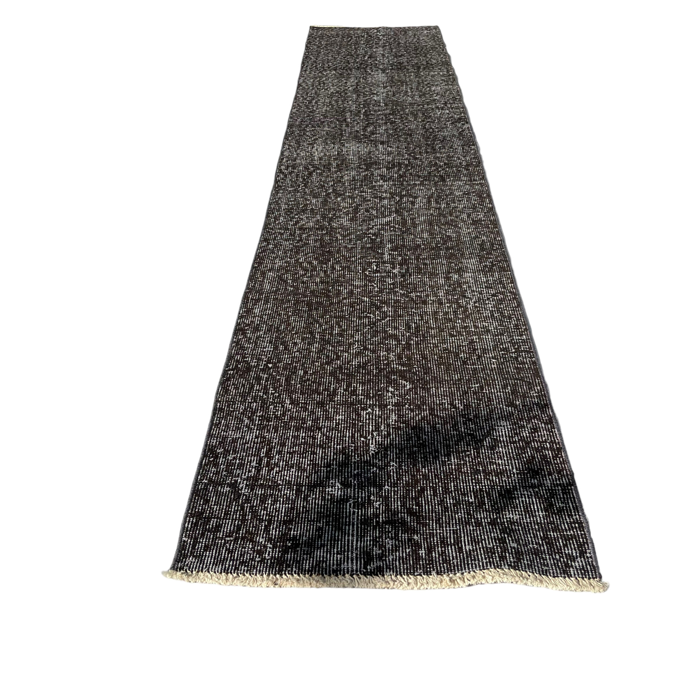 Distressed turkish narrow runner 290 x 60 cm wool vintage rug, overdyed black