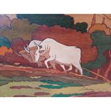 Wooden table, varnished painting signed Clavere.