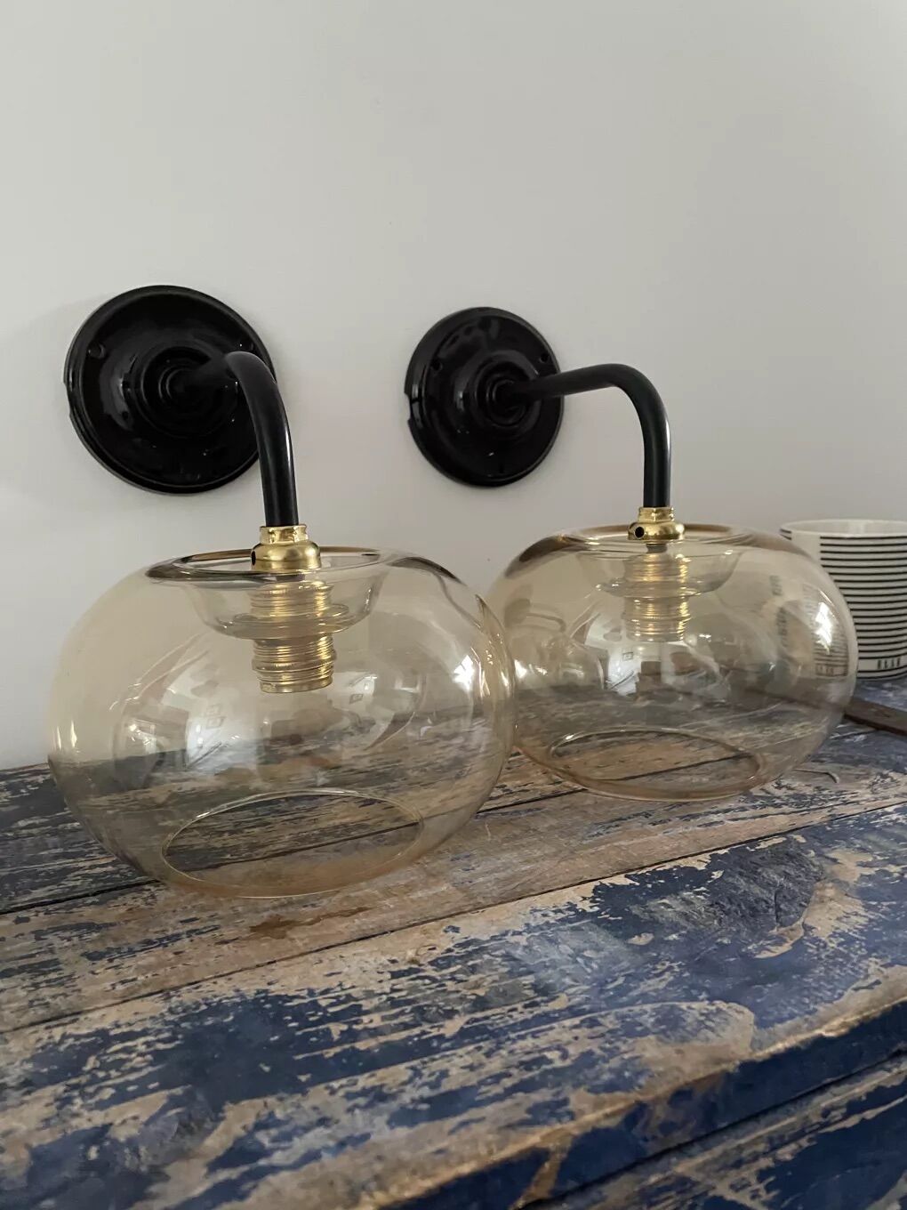 Pair of vintage electrified smoked glass wall lamps
