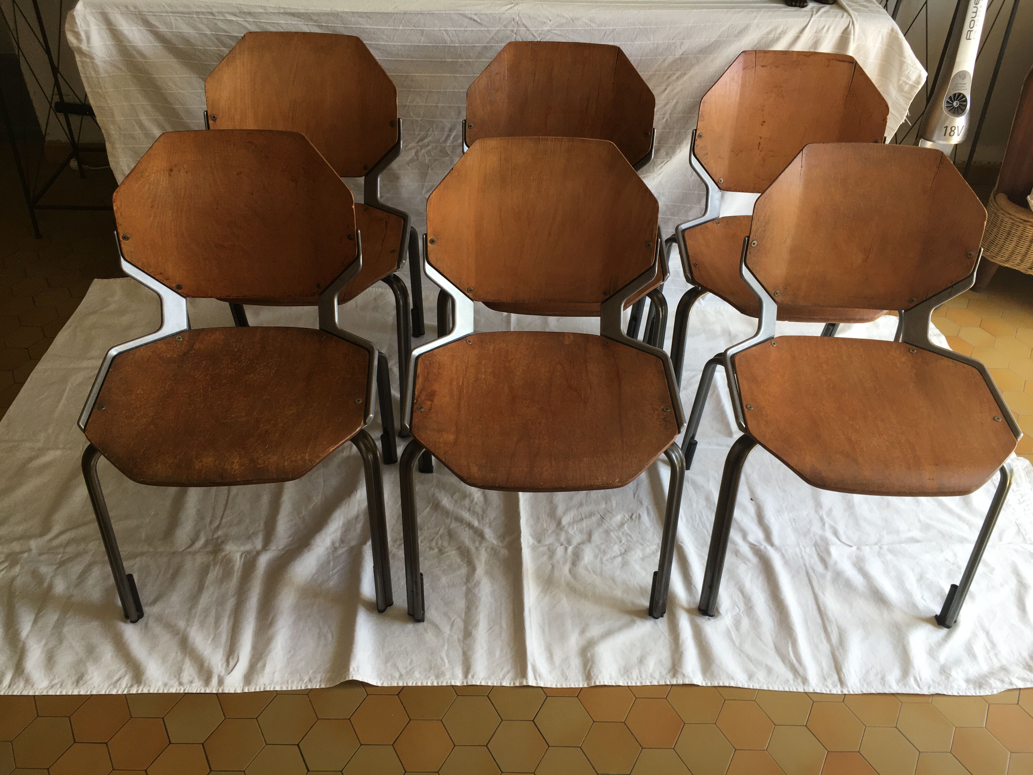 industrial chairs in brushed aluminum and wood year 80