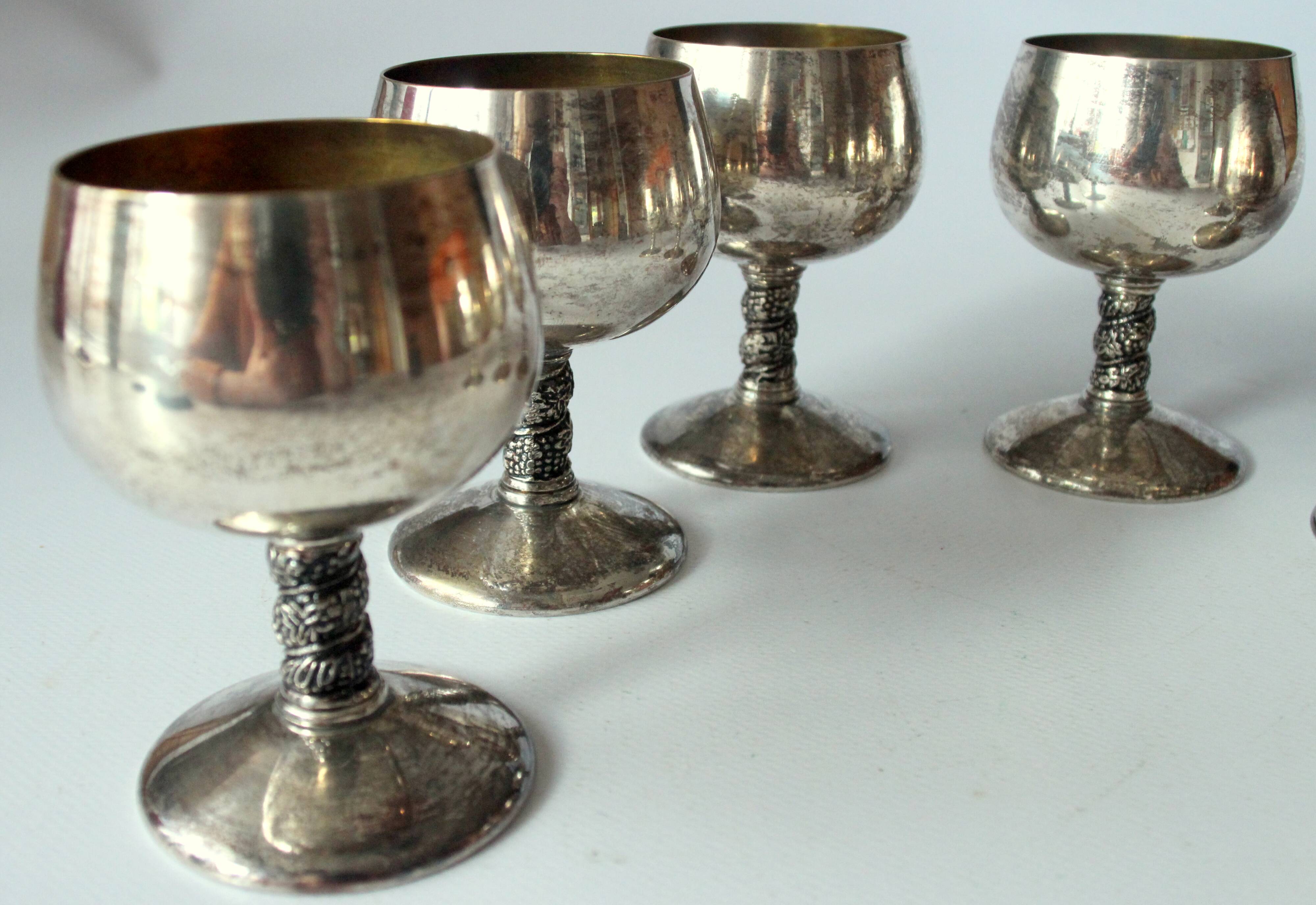6 Art Deco wine or sherry glasses made of electro silver plated brass