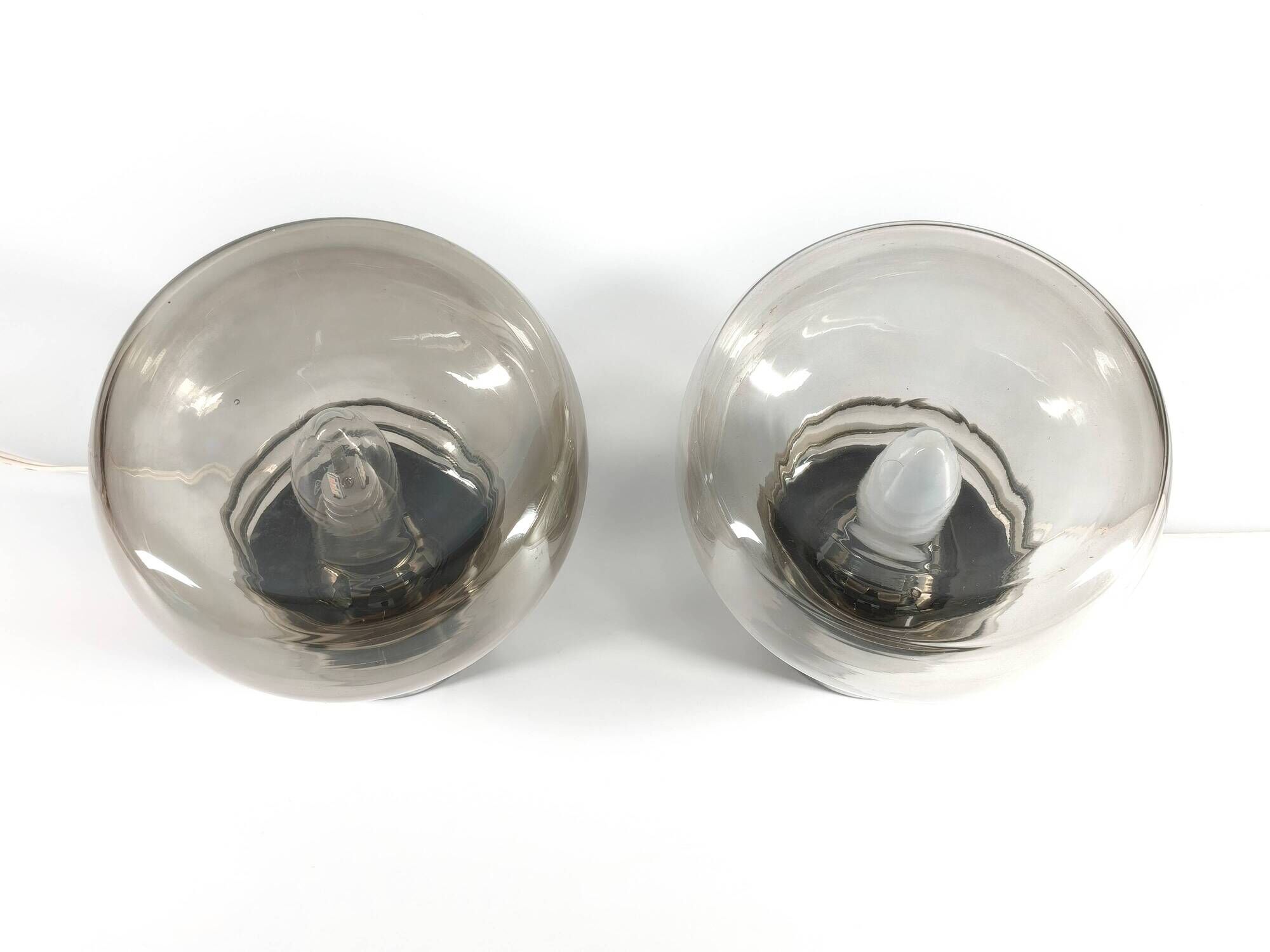 Pair of vintage 70s lamps in smoked glass – retro design lighting