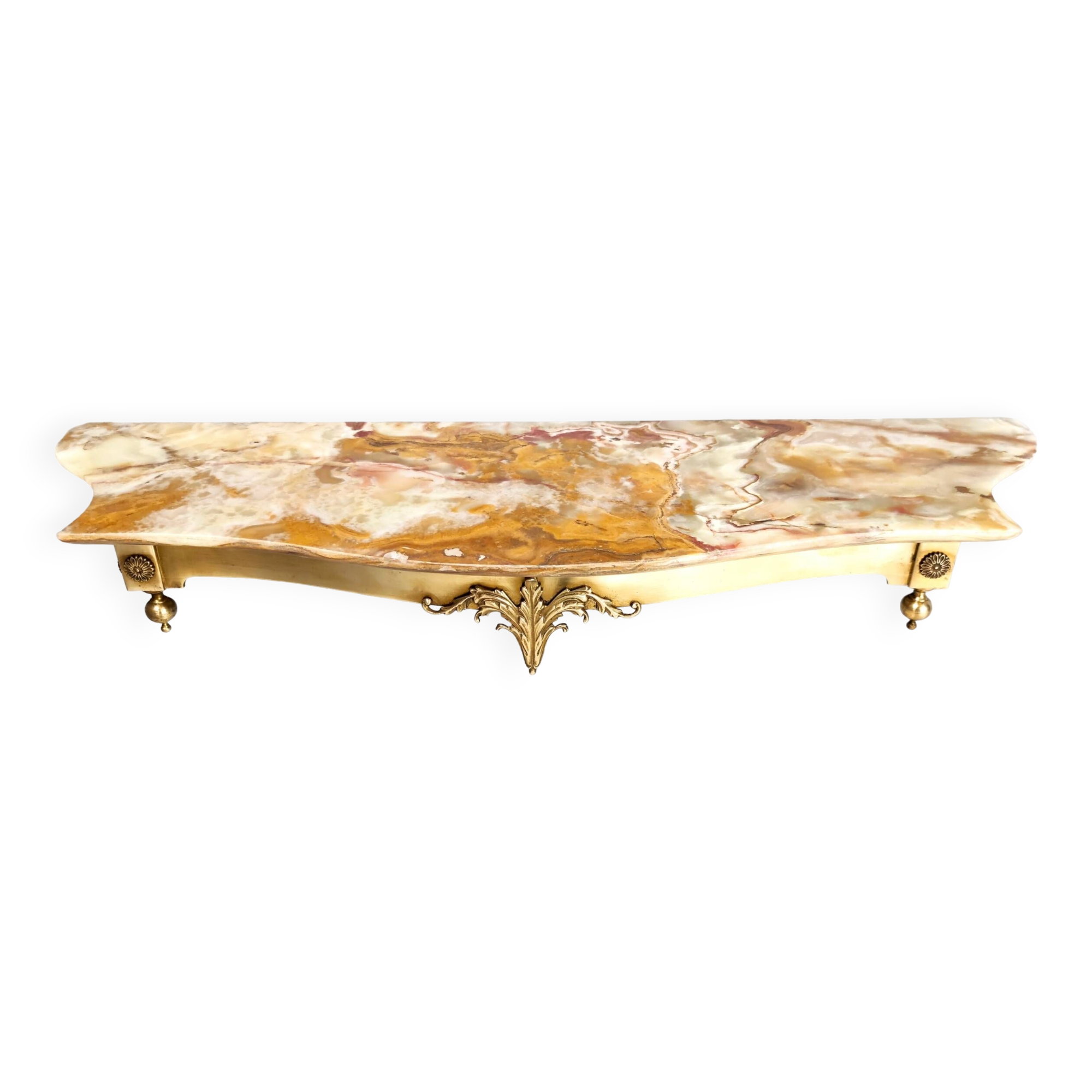 Vintage Wall-Mounted Brass Console Table with Yellow Onyx Top, Italy