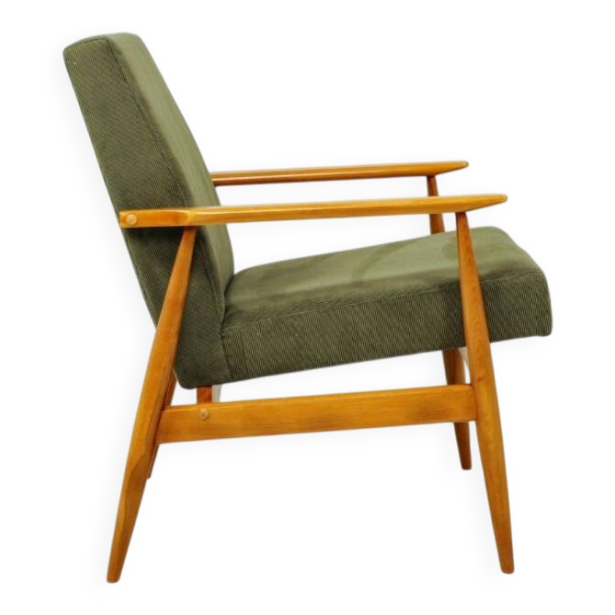 Mid-century modern design armchair in olive green corduroy.