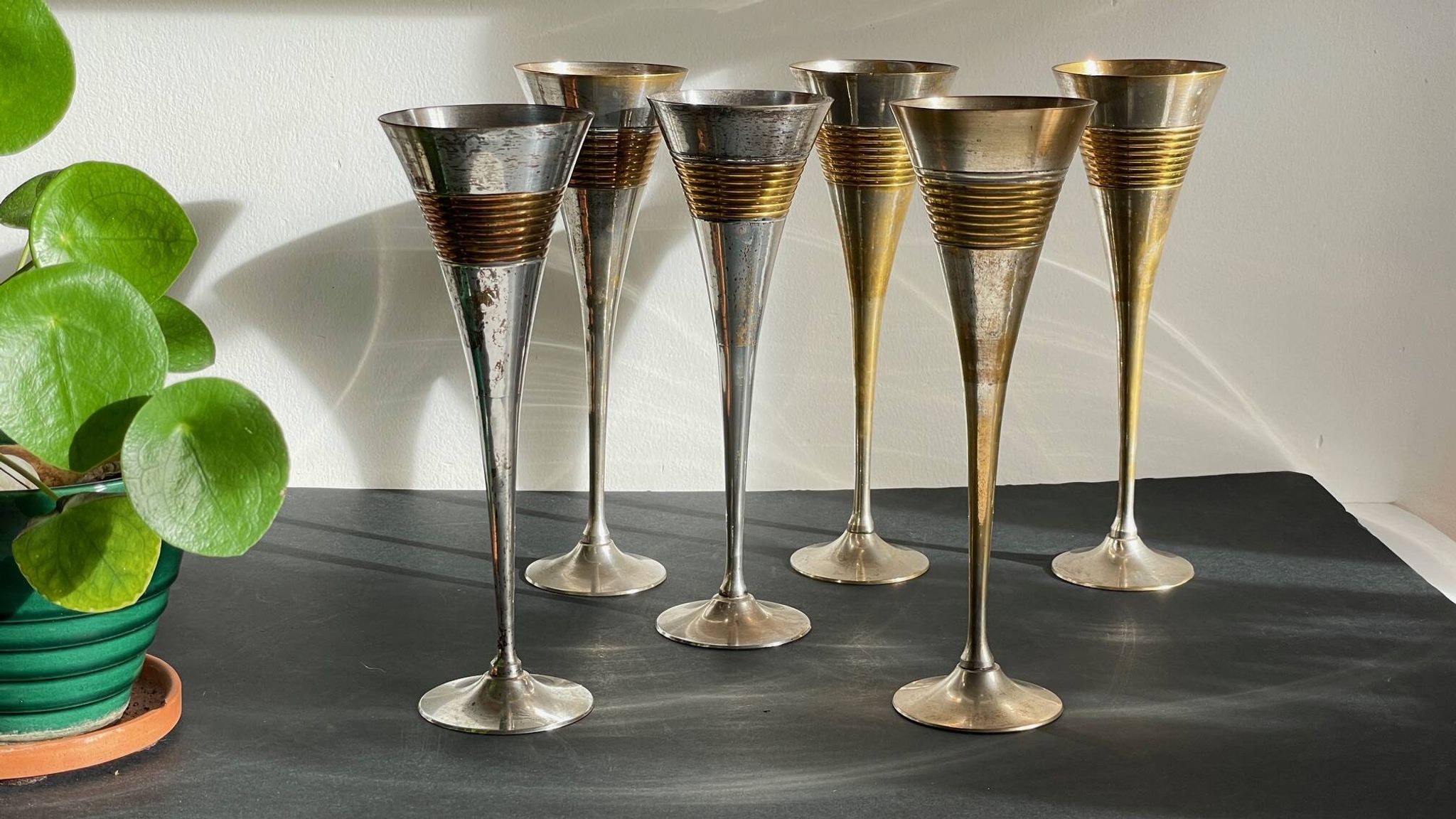 6 Flutes Champagne Laiton Argenté Vintage