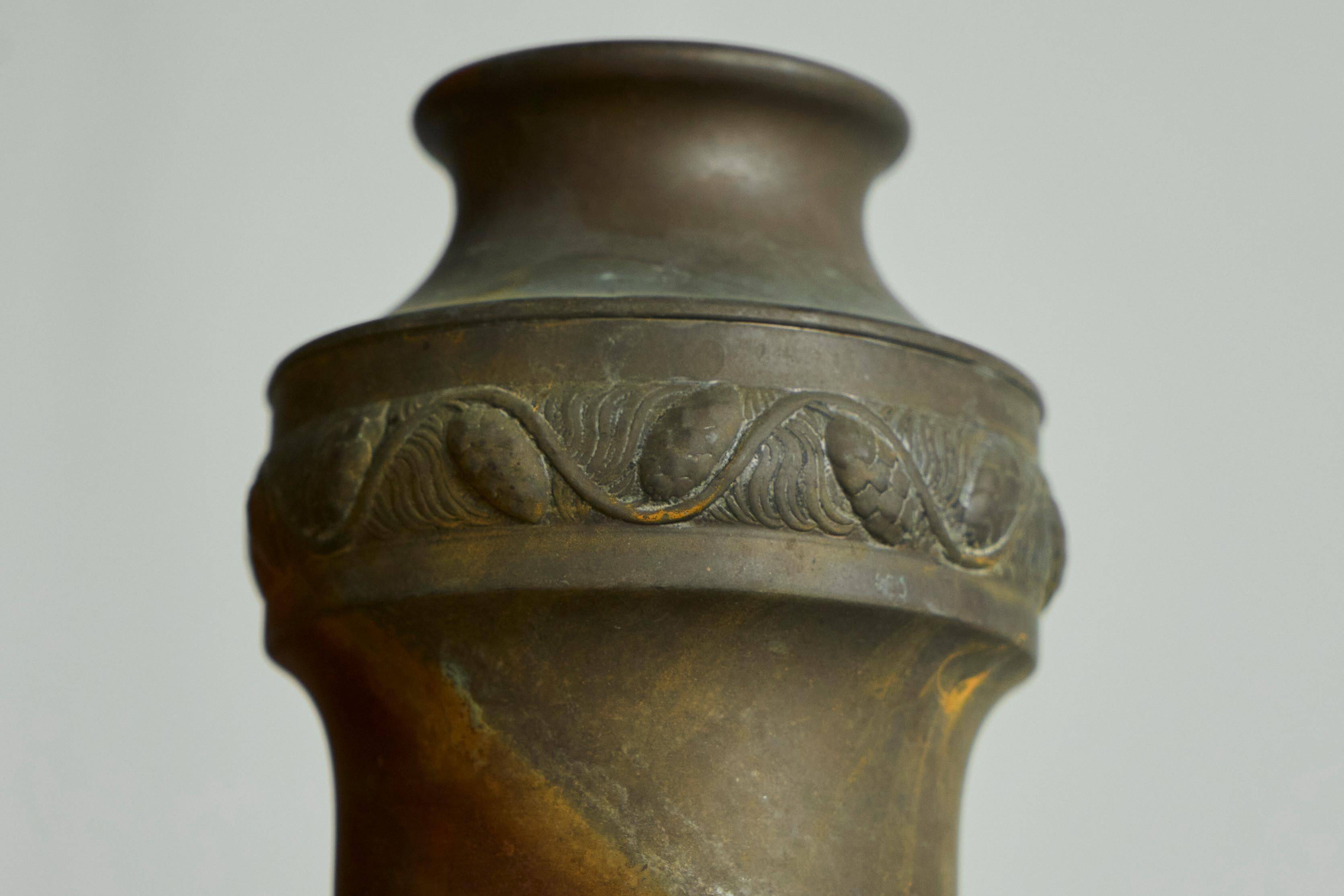 Art Deco vase in patinated metal, unique Wabi-Sabi piece.