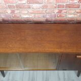 Renovated oak display cabinet with a bar on slanted legs