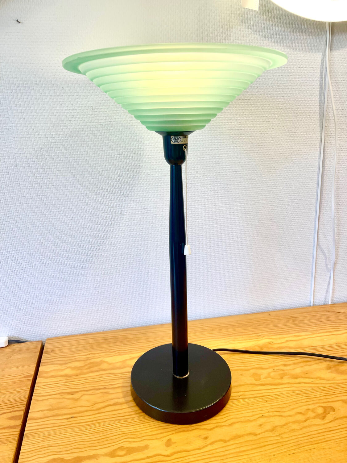 Postmodern lamp from the 80s – green opaline glass and black base, edition